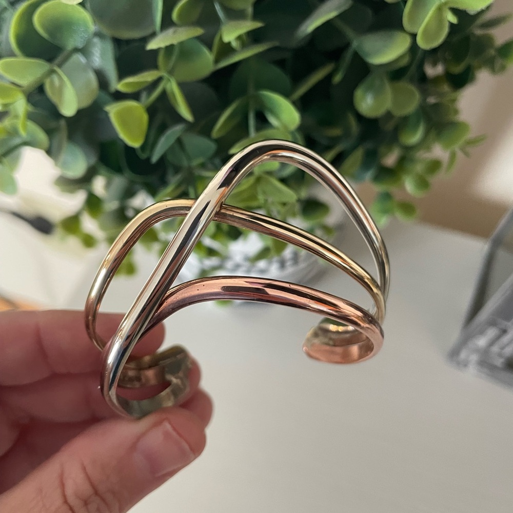 Vtg Renee Lepre Sterling Silver 925 Brass Copper Modernist Wave Cuff Bracelet